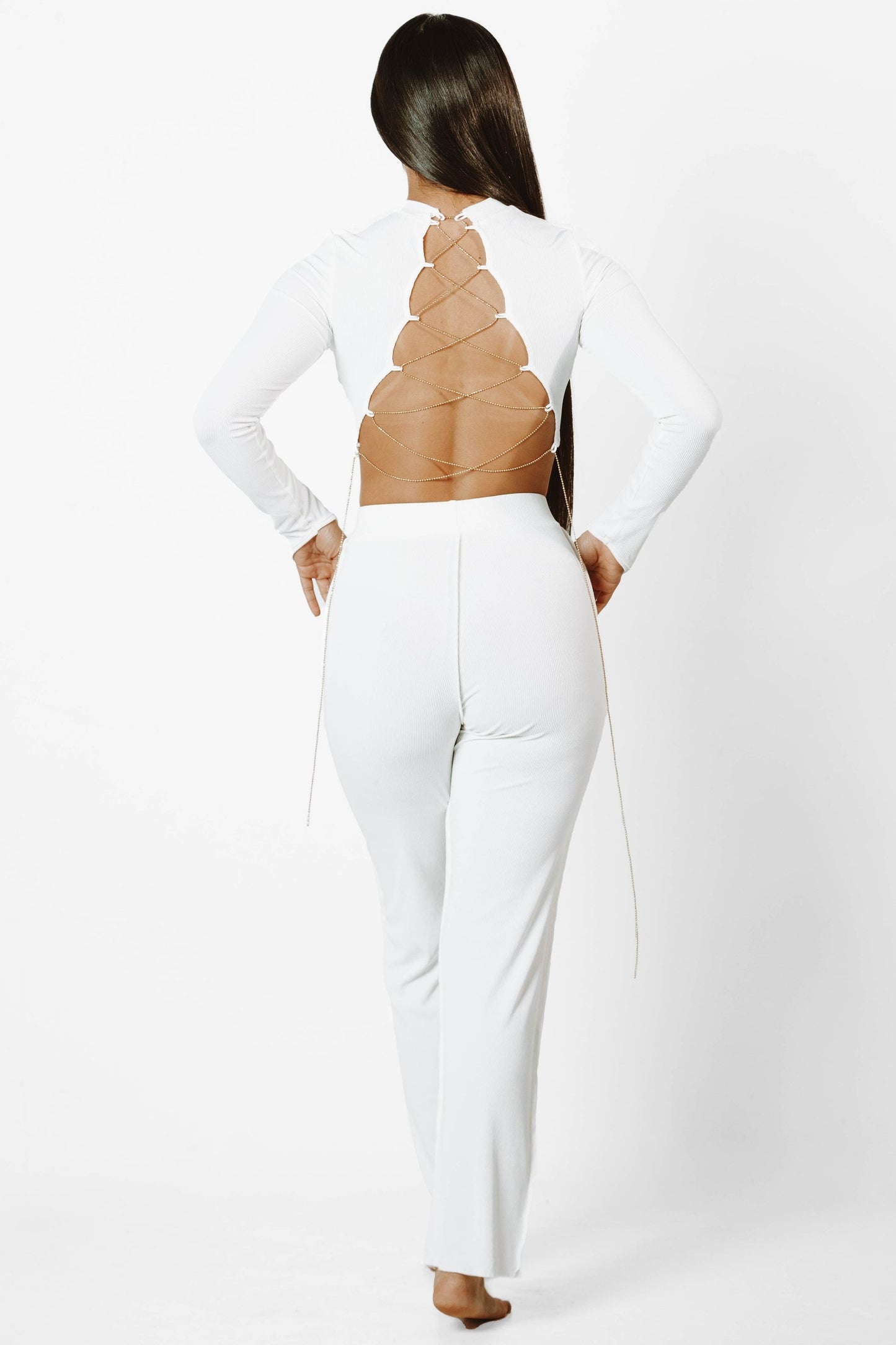 White Backless Chain Pant Set