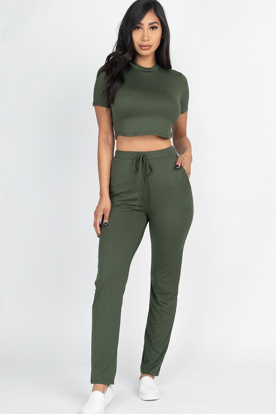 Olive Cropped Tee & Pant Set