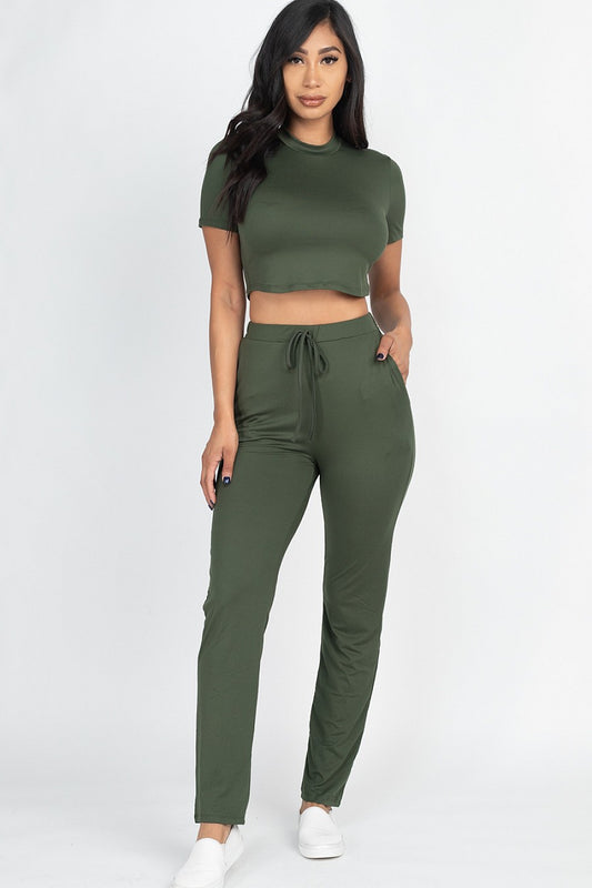 Olive Cropped Tee & Pant Set