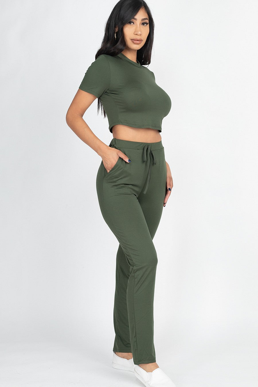 Olive Cropped Tee & Pant Set