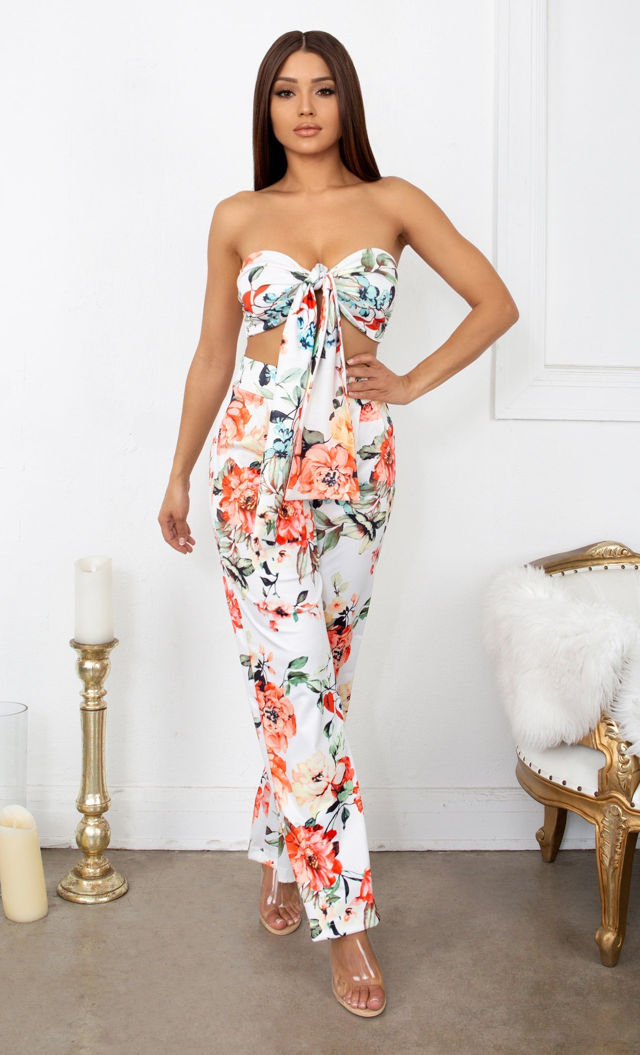Front Tie Floral Pant Set